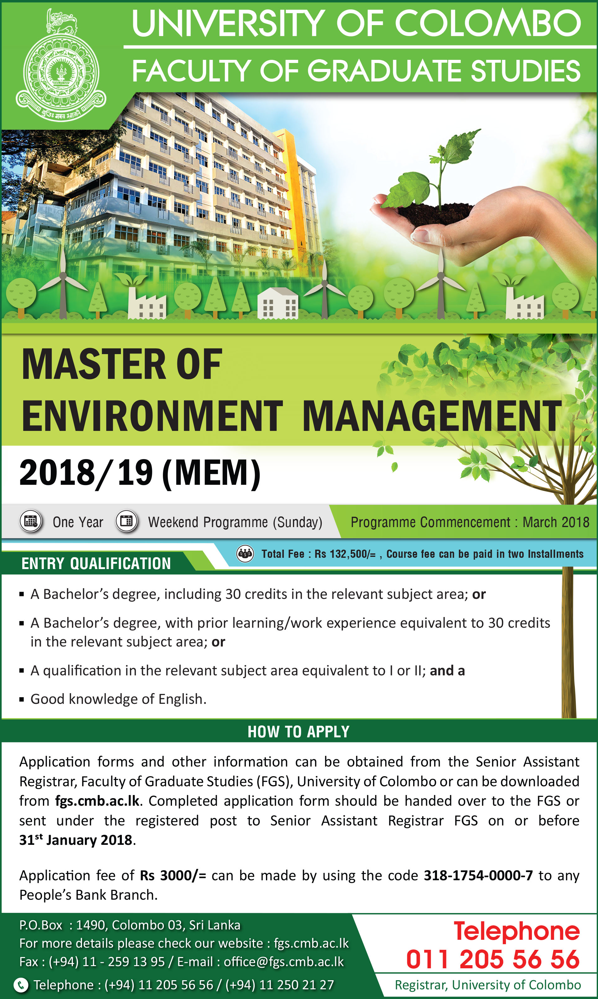 Master of Environment Management (2018/19) - Faculty of Graduate Studies - University of Colombo